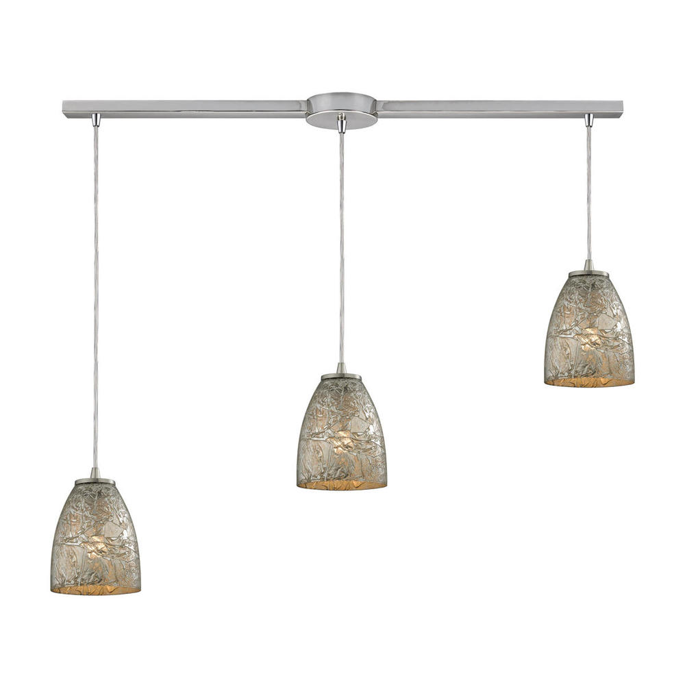 Fissure 3-Light Linear Pendant Fixture in Satin Nickel with Silver Glass