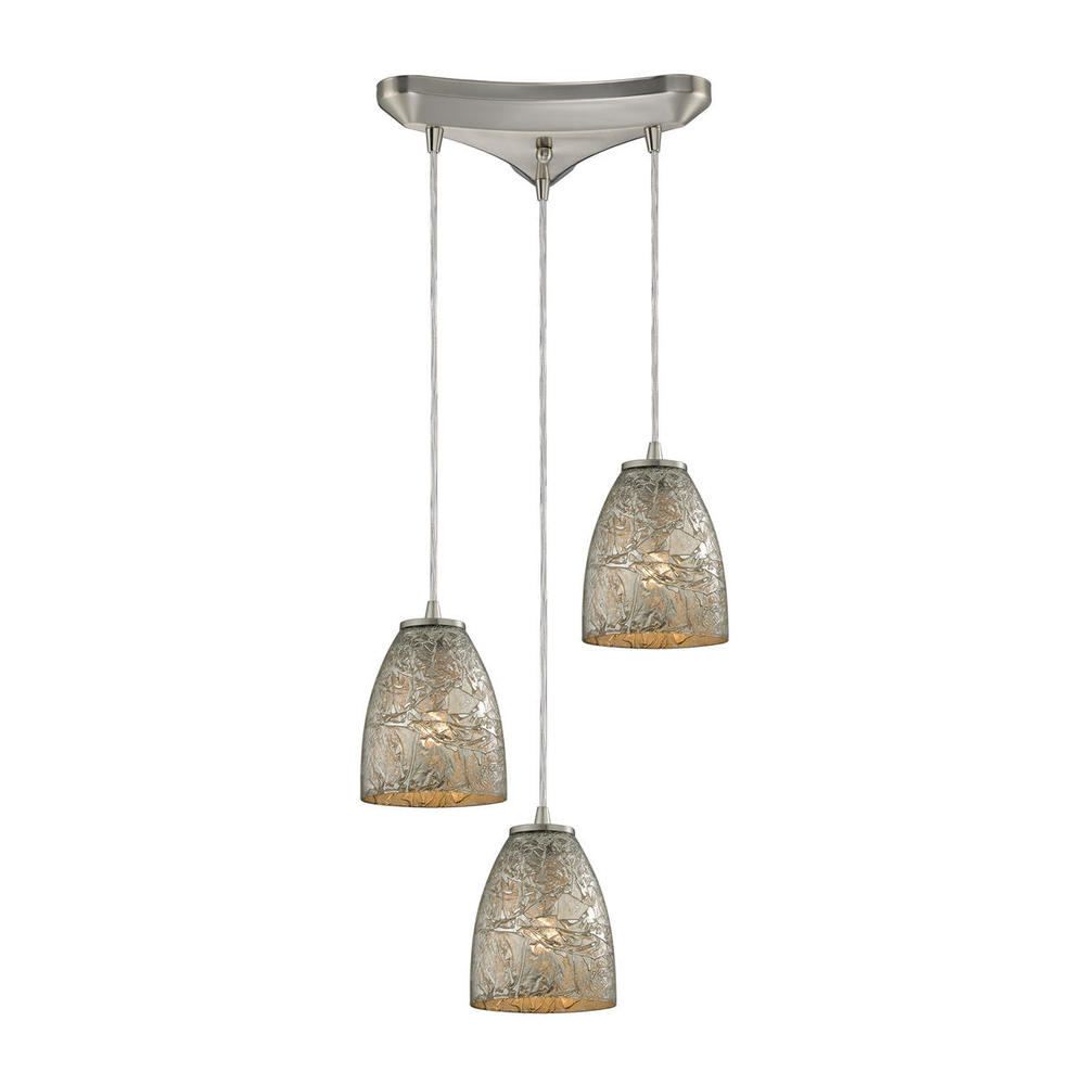 Fissure 3-Light Triangular Pendant Fixture in Satin Nickel with Silver Glass