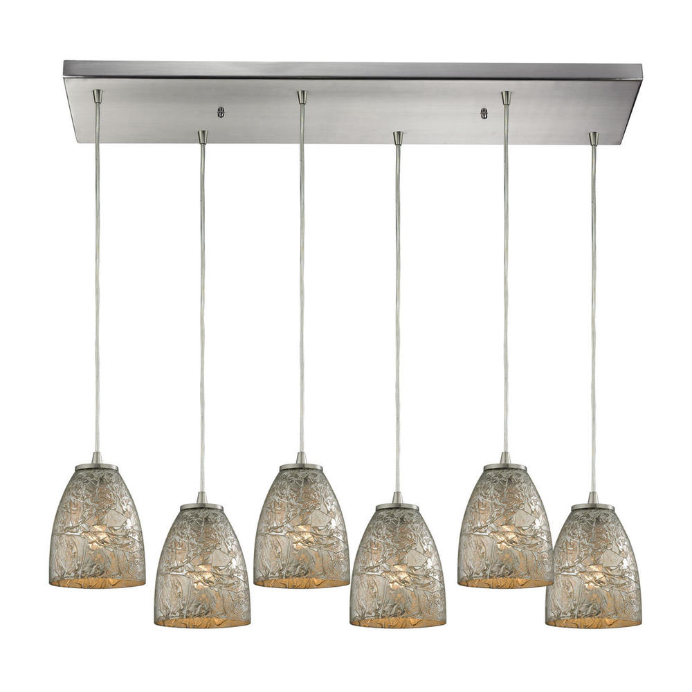 Fissure 6-Light Rectangular Pendant Fixture in Satin Nickel with Silver Glass