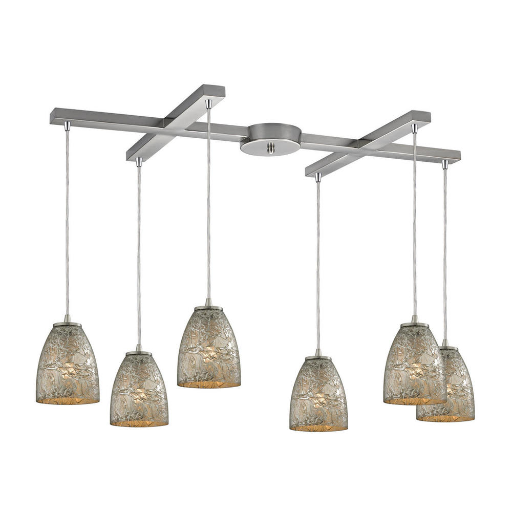 Fissure 6-Light H-Bar Pendant Fixture in Satin Nickel with Silver Glass