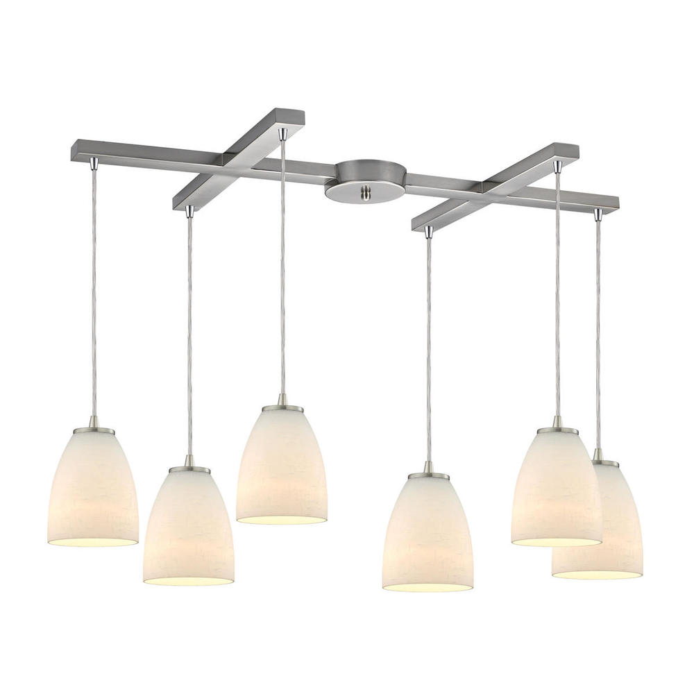 Sandstorm 6-Light H-Bar Pendant Fixture in Satin Nickel with Off-white Glass
