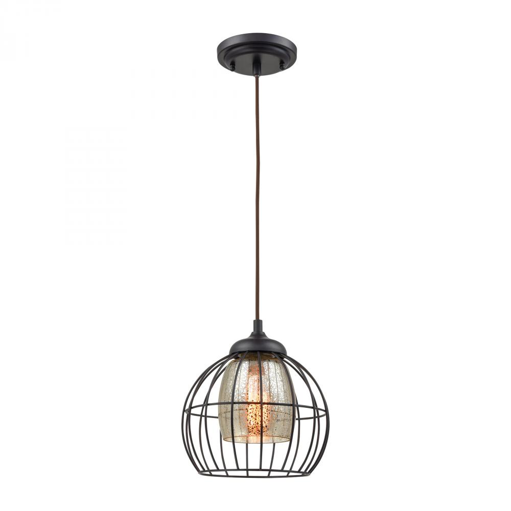 Yardley 1-Light Mini Pendant in Oil Rubbed Bronze with Mercury Glass and Wire Cage