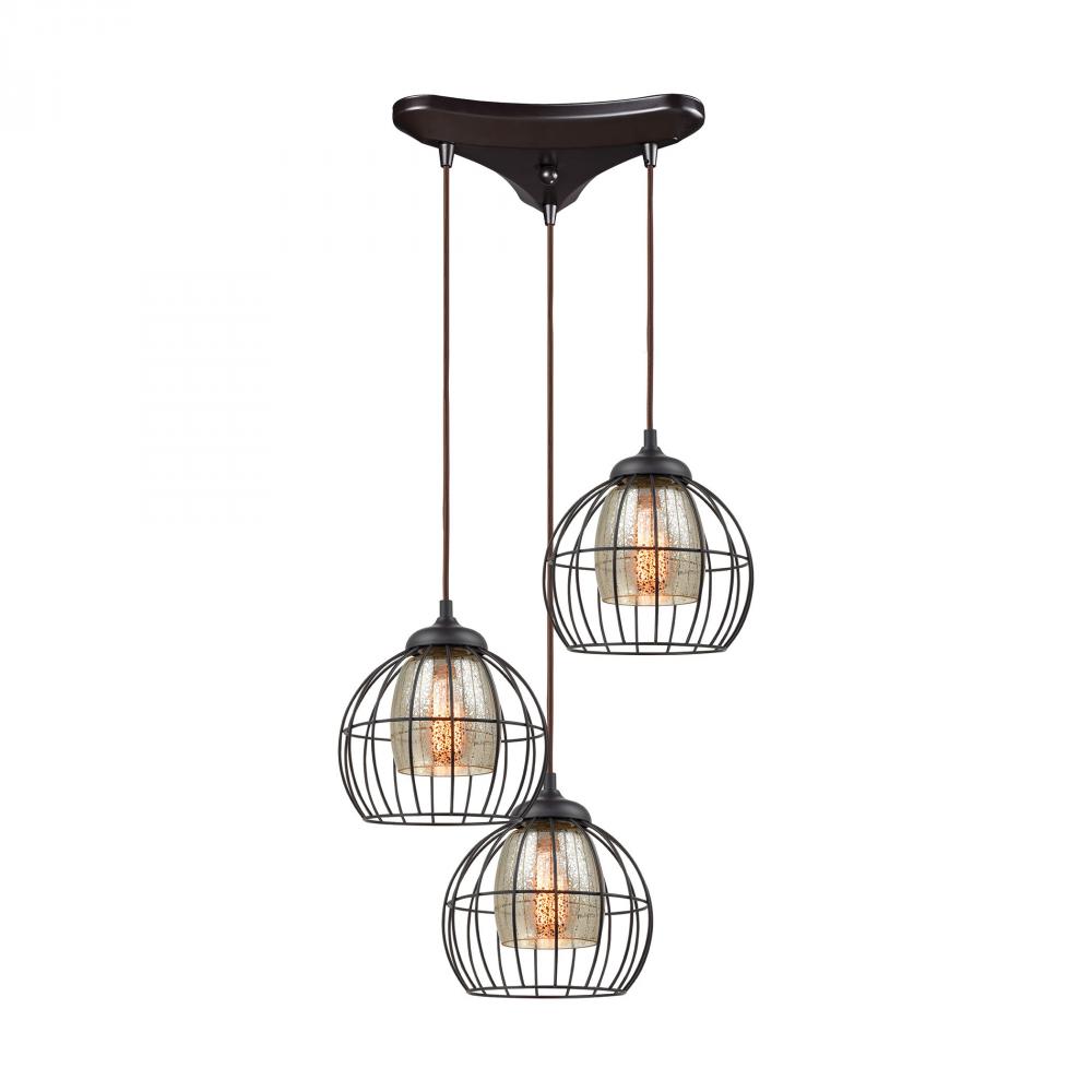 Yardley 3-Light Triangular Pendant Fixture in Oil Rubbed Bronze with Mercury Glass and Wire Cages