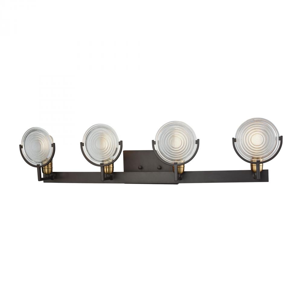 Ocular 4-Light Vanity Lamp in Oil Rubbed Bronze and Satin Brass with Clear Railroad Glass
