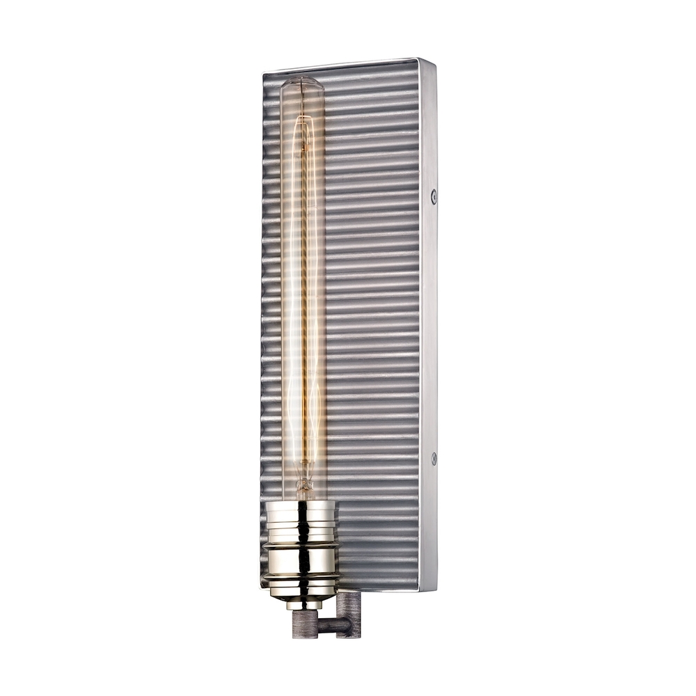 Corrugated Steel 1-Light Sconce in Polished Nickel and Weathered Zinc/Corrugated Steel