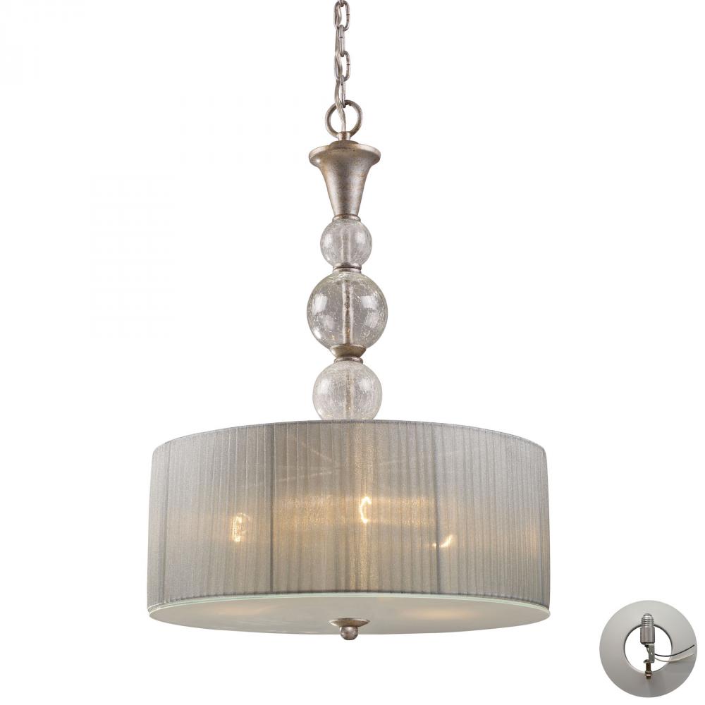 Alexis 3 Light Pendant in Antique Silver and Crackled Glass - Includes Adapter Kit