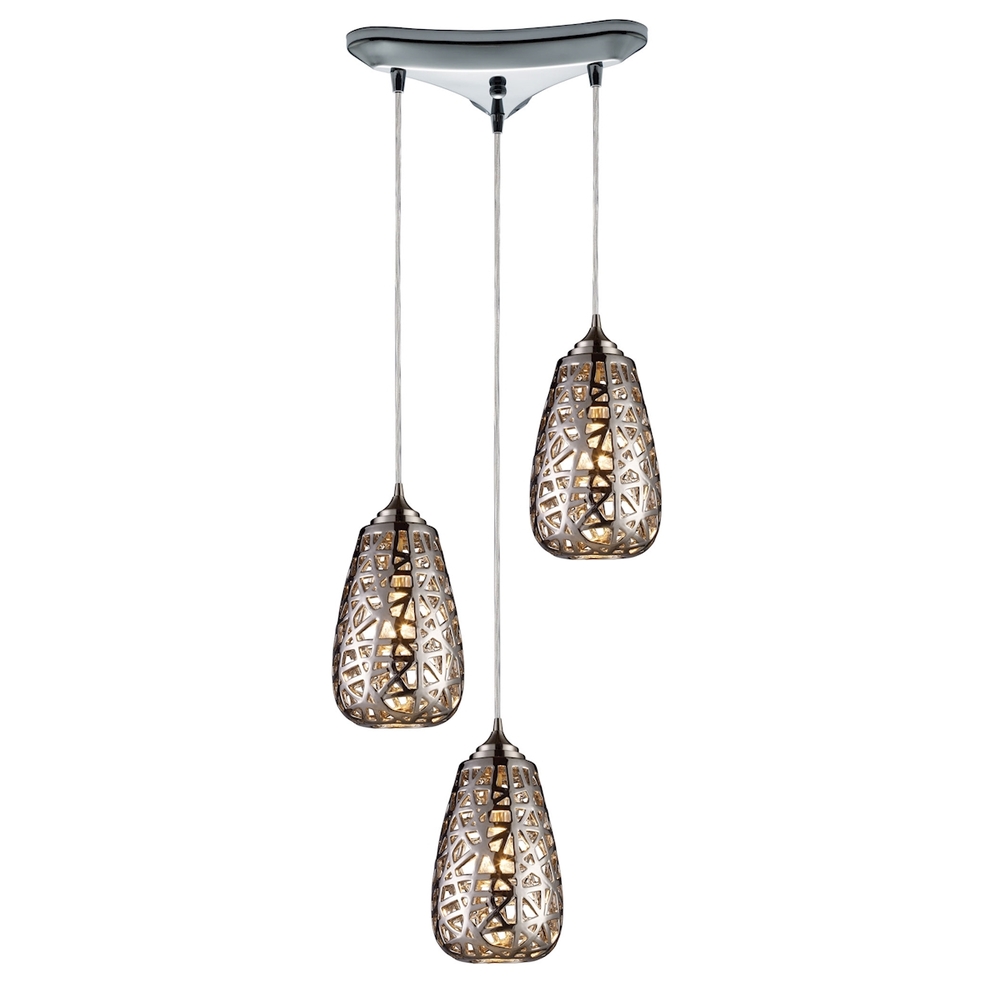 Nestor 3-Light Triangular Pendant Fixture in Chrome with Chrome-plated Ceramic Shades