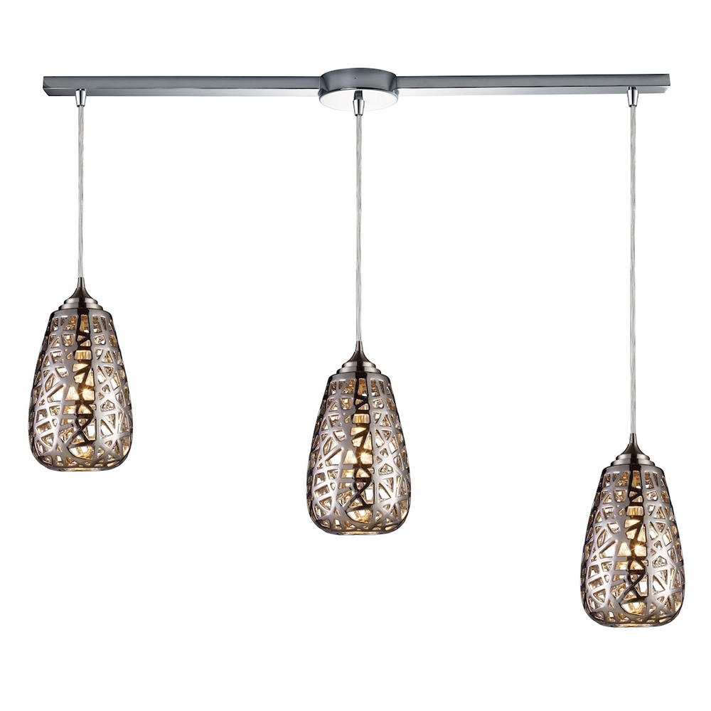 Nestor 3-Light Linear Pendant Fixture in Chrome with Chrome-plated Ceramic Shades