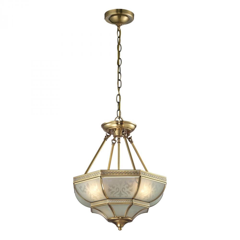 French Damask 3 Light Pendant In Brushed Brass