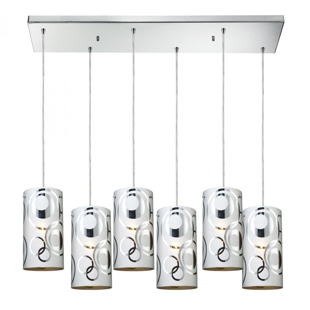 Chromia 6-Light Rectangular Pendant Fixture in Polished Chrome with Cylinder Shade