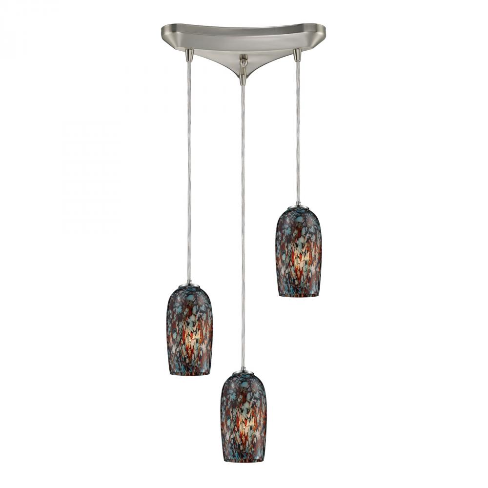 Collage 3-Light Triangular Pendant Fixture in Satin Nickel with Multi-colored Glass