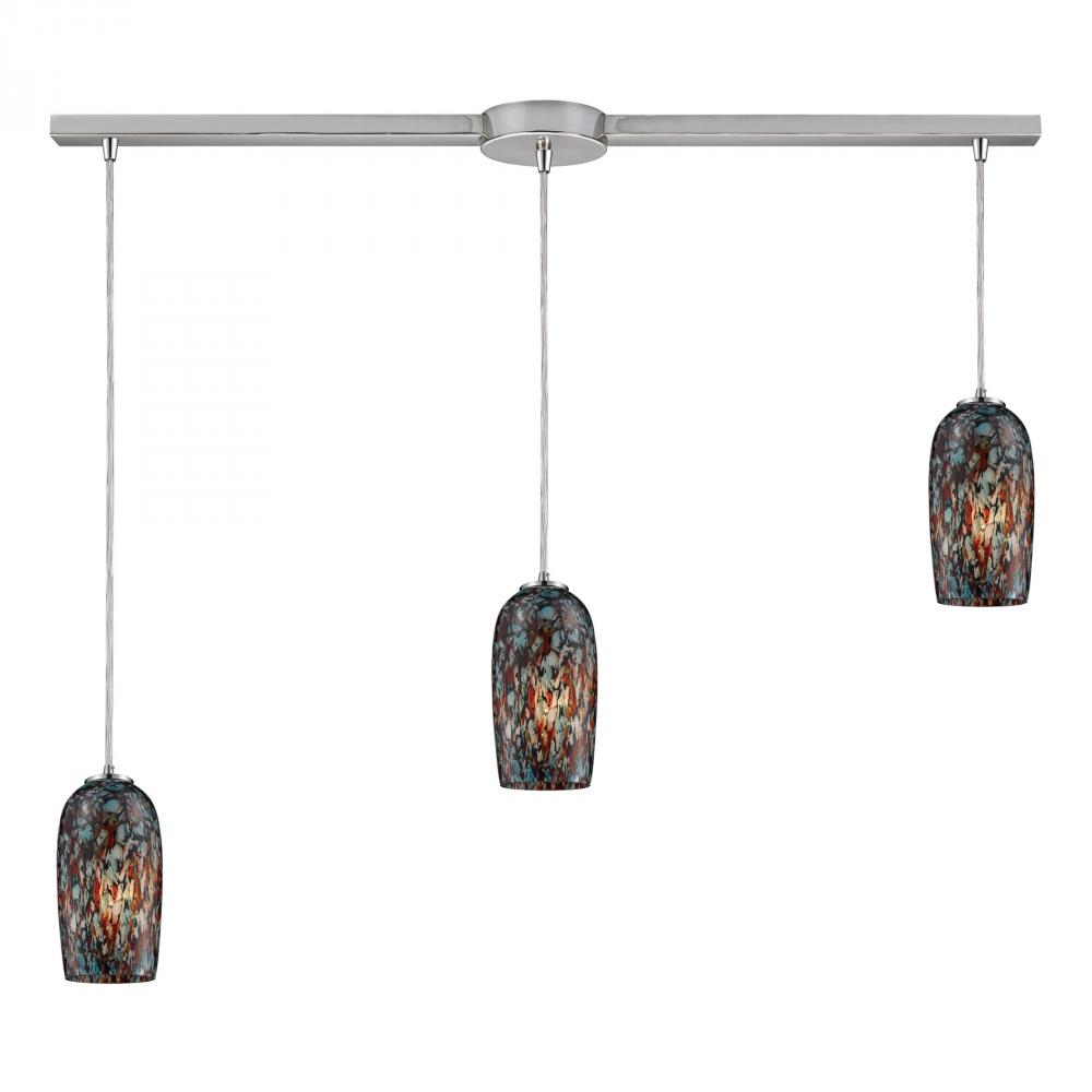 Collage 3-Light Linear Pendant Fixture in Satin Nickel with Multi-colored Glass
