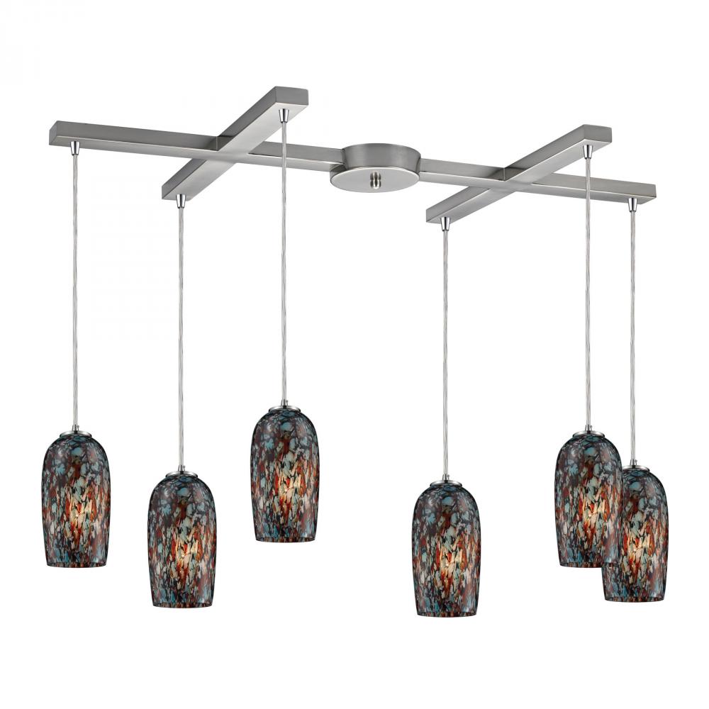 Collage 6-Light H-Bar Pendant Fixture in Satin Nickel with Multi-colored Glass