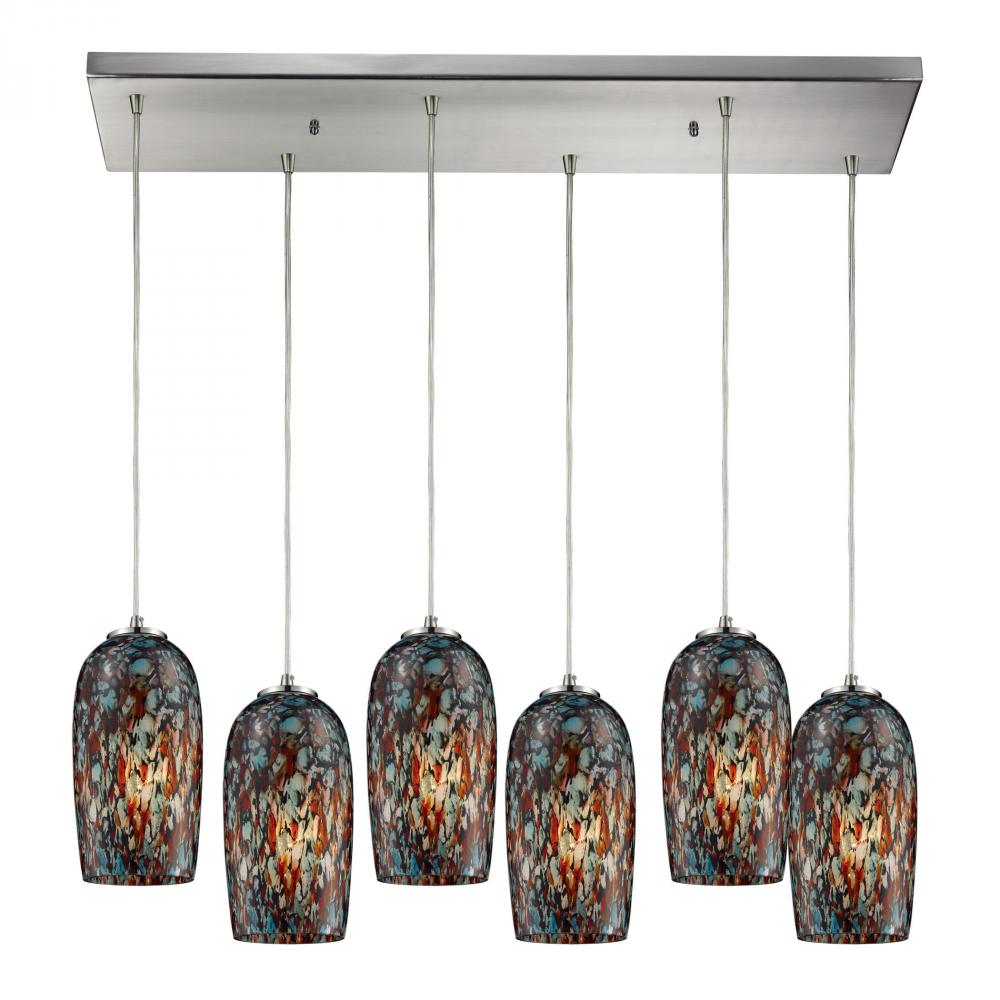 Collage 6-Light Rectangular Pendant Fixture in Satin Nickel with Multi-colored Glass