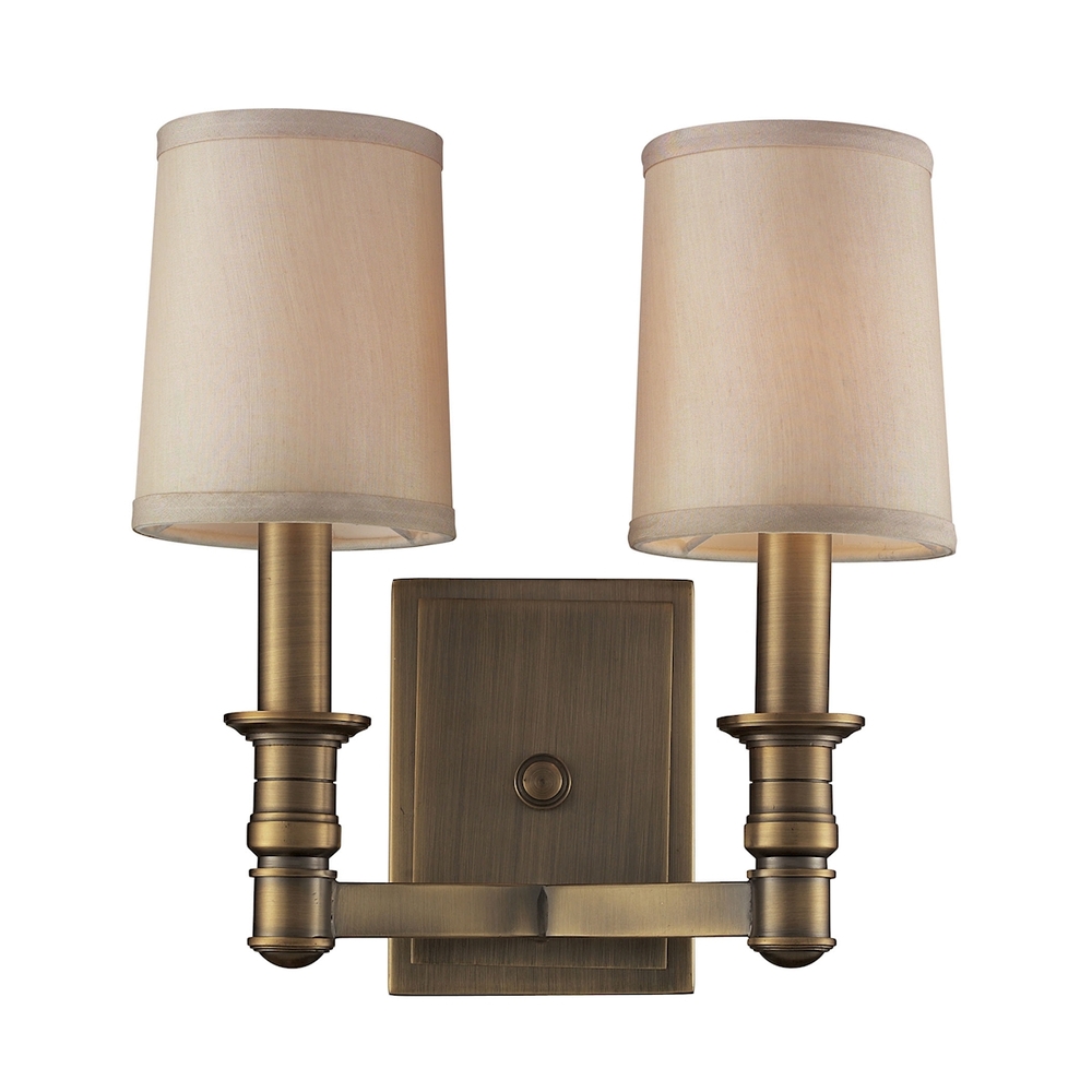 Baxter 2-Light Wall Lamp in Brushed Antique Brass with Beige Fabric Shades