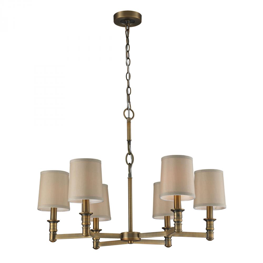Baxter 6-Light Chandelier in Brushed Antique Brass with Beige Fabric Shades