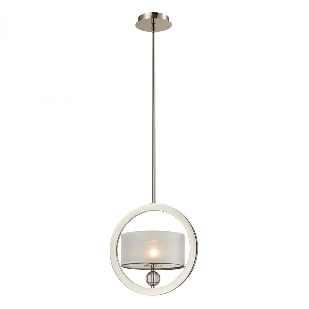 Corisande 1-Light Mini Pendant in Polished Nickel with Silver Organza Drum Shade and Frosted Glass