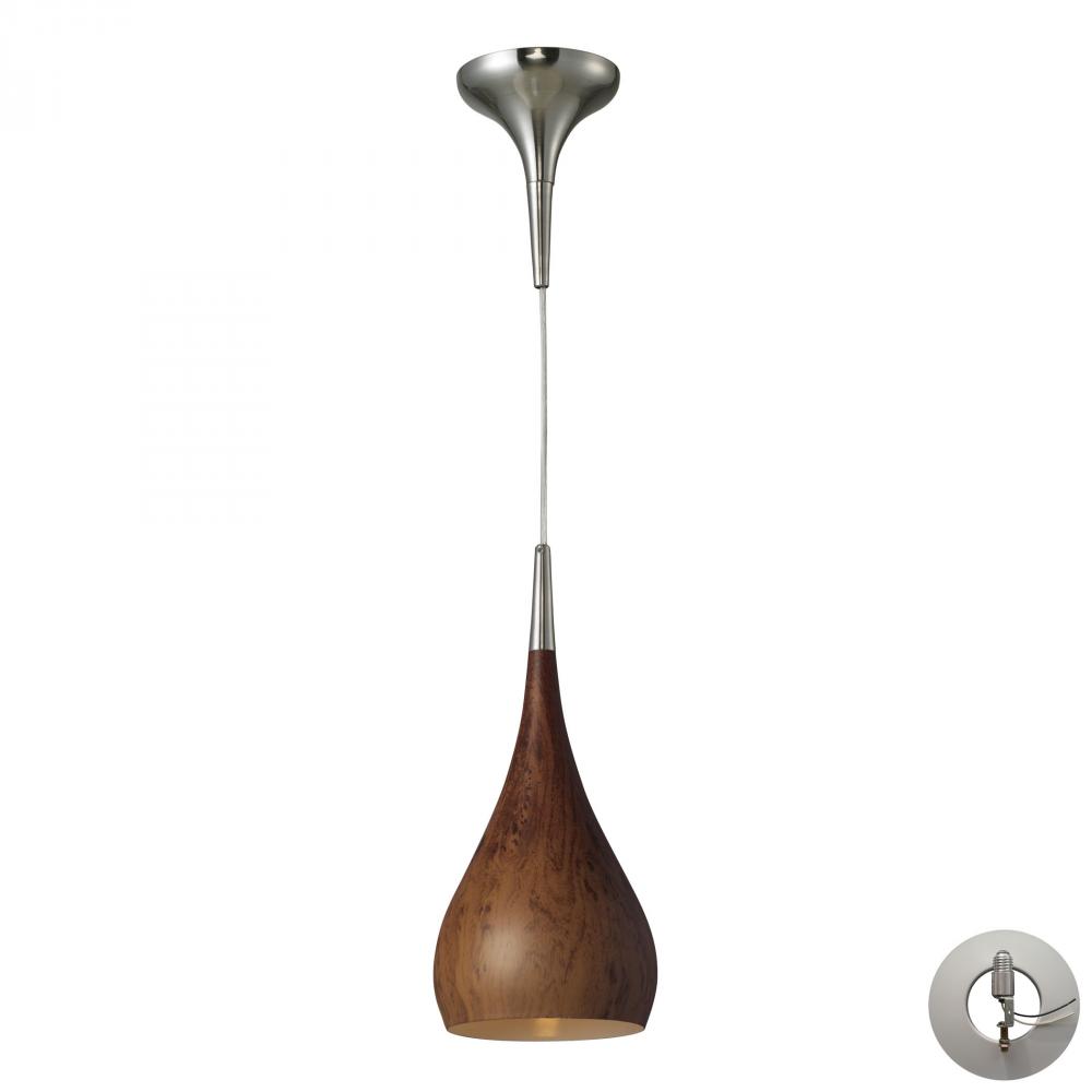 Lindsey 1-Light Mini Pendant in Satin Nickel with Burl Wood Shade - Includes Adapter Kit