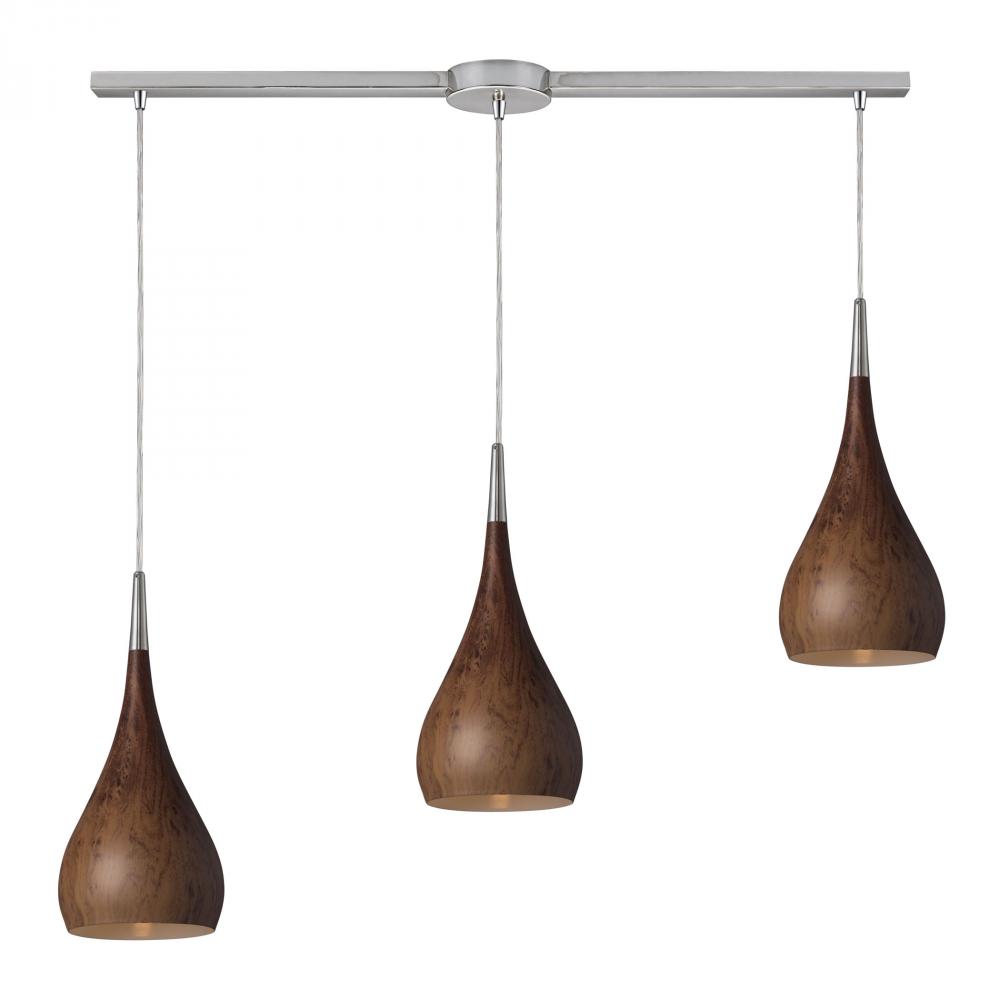 Lindsey 3-Light Linear Pendant Fixture in Satin Nickel with Burl Wood Shade