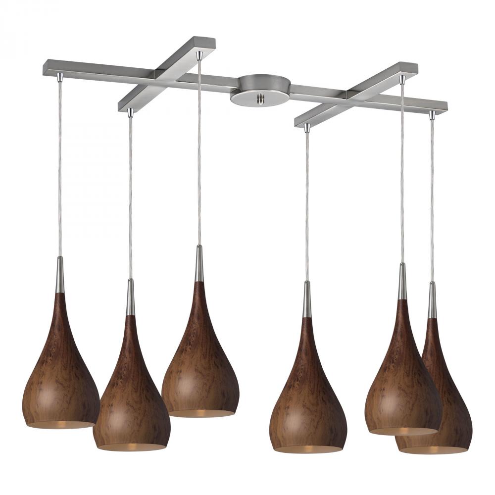 Lindsey 6-Light H-Bar Pendant Fixture in Satin Nickel with Burl Wood Shade