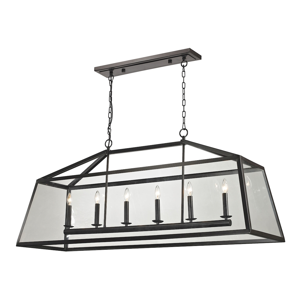 Alanna 6-Light Linear Chandelier in Oil Rubbed Bronze with Clear Glass Panels