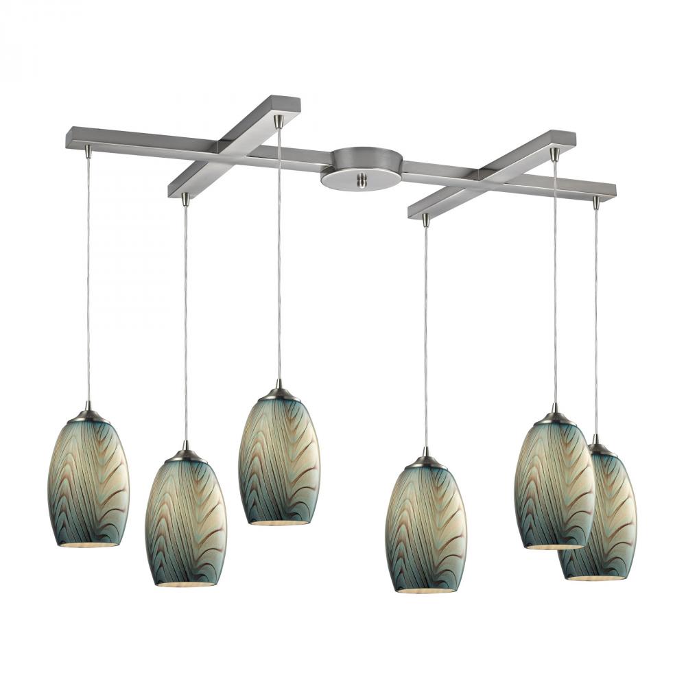 Tidewaters 6-Light H-Bar Pendant Fixture in Satin Nickel with Seafoam Glass