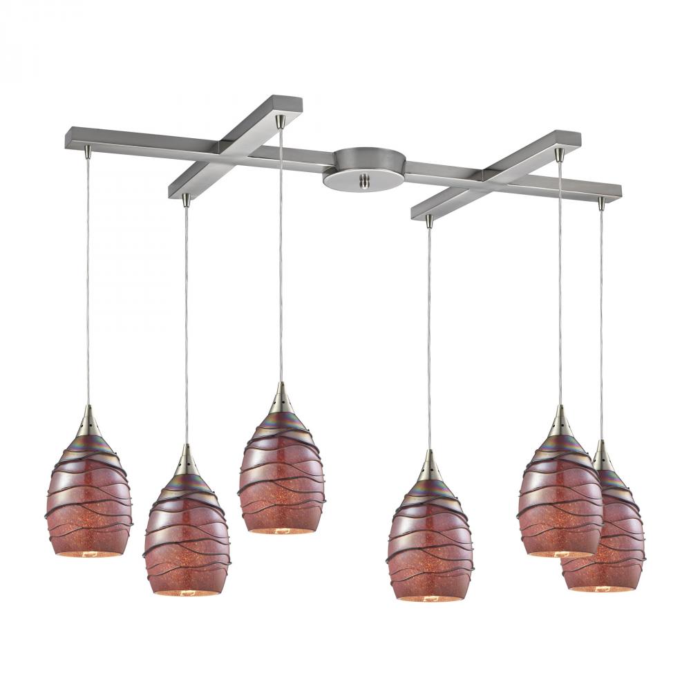 Vines 6-Light H-Bar Pendant Fixture in Satin Nickel with Rhubarb Glass
