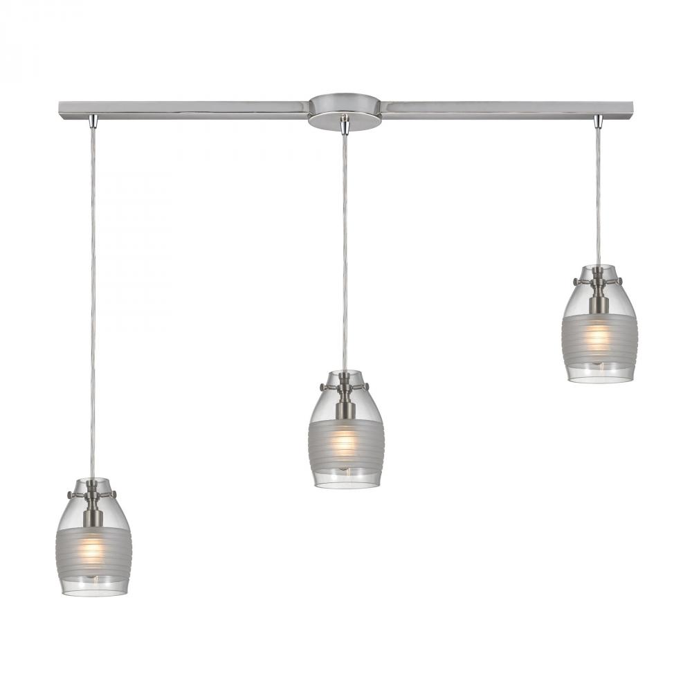 Carved Glass 3-Light Linear Pendant Fixture in Brushed Nickel with Glass Shade