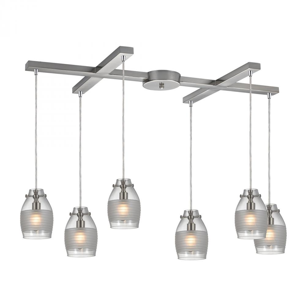 Carved Glass 6-Light H-Bar Pendant Fixture in Brushed Nickel with Glass Shade