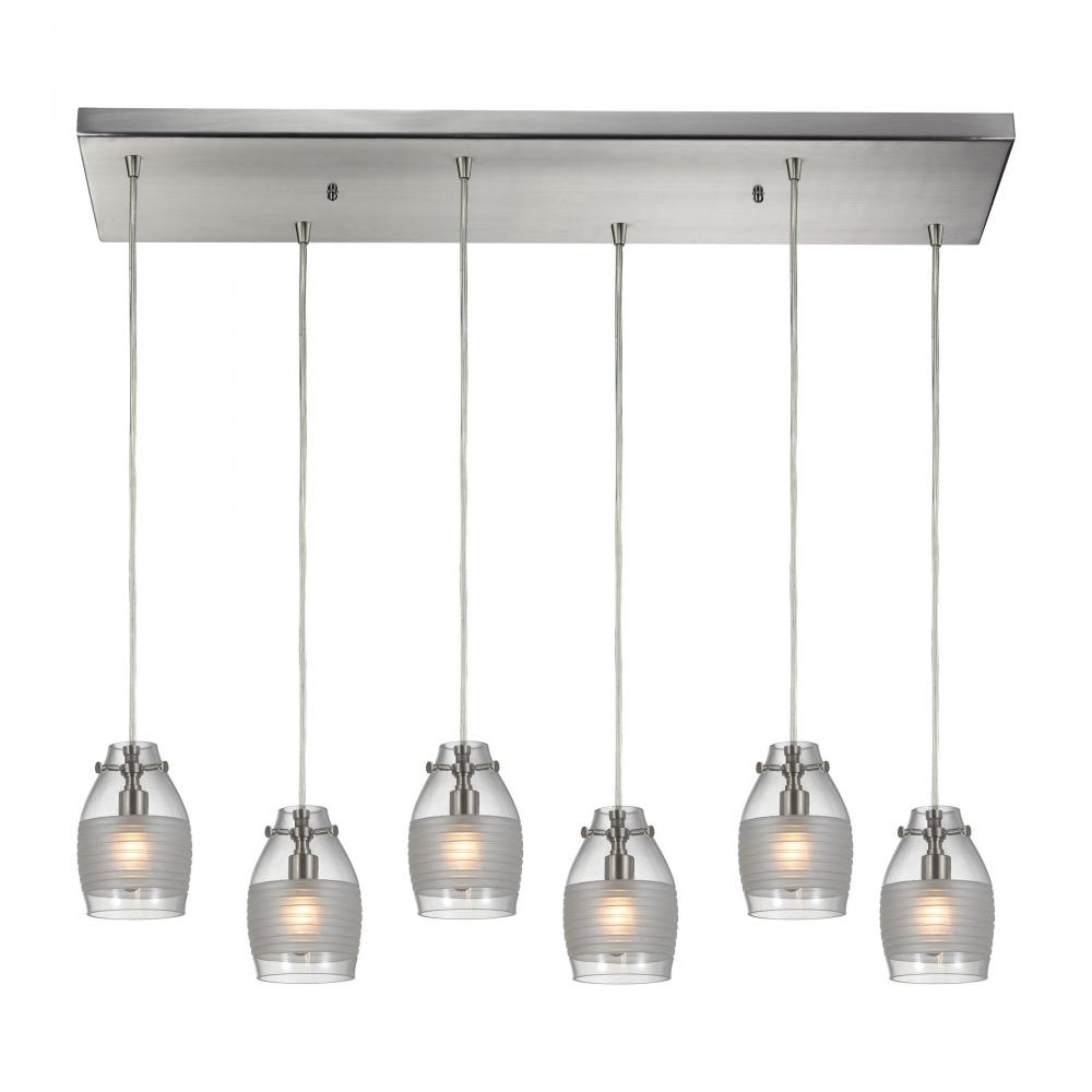 Carved Glass 6-Light Rectangular Pendant Fixture in Brushed Nickel with Glass Shade