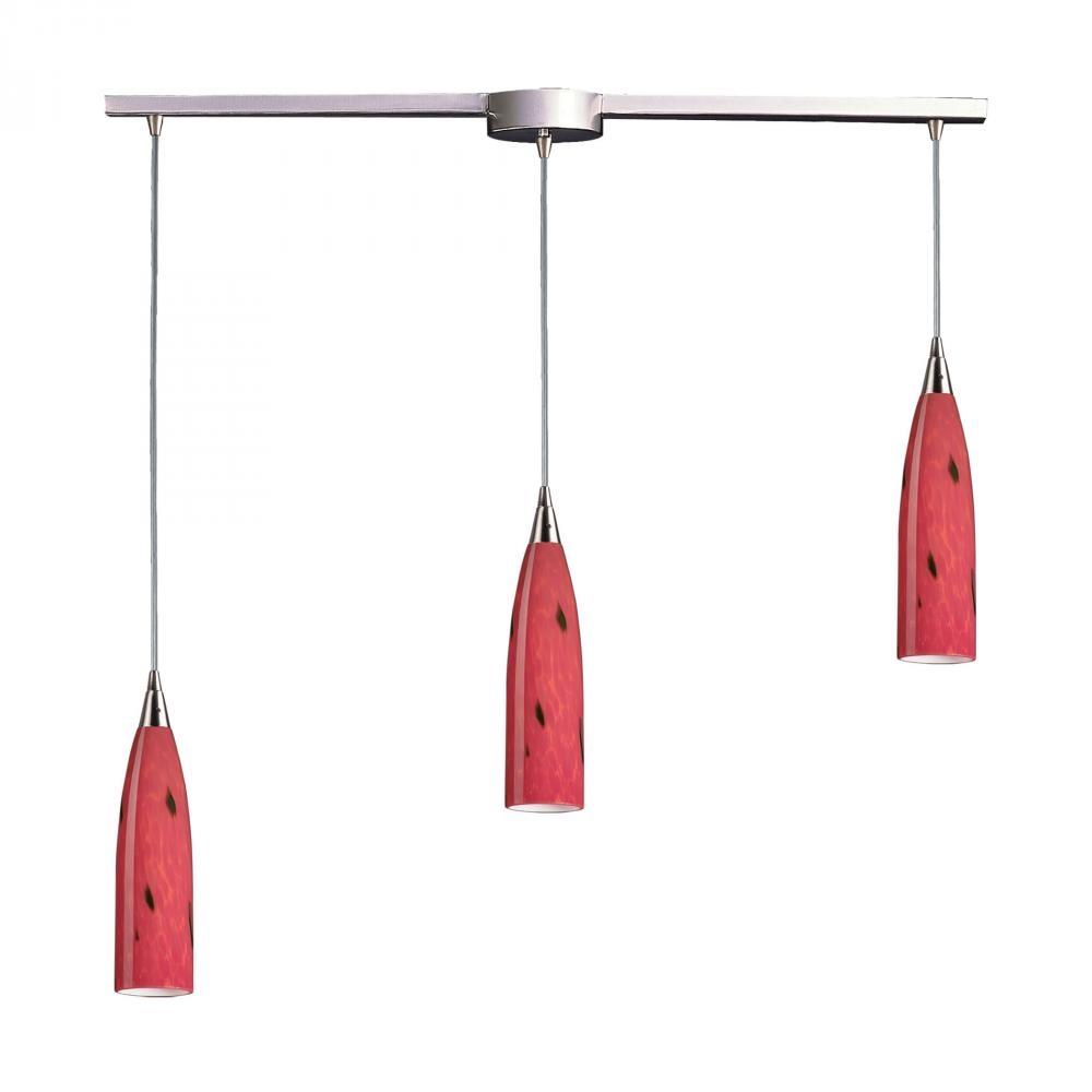 Lungo 3-Light Linear Pendant Fixture in Satin Nickel with Fire Red Glass