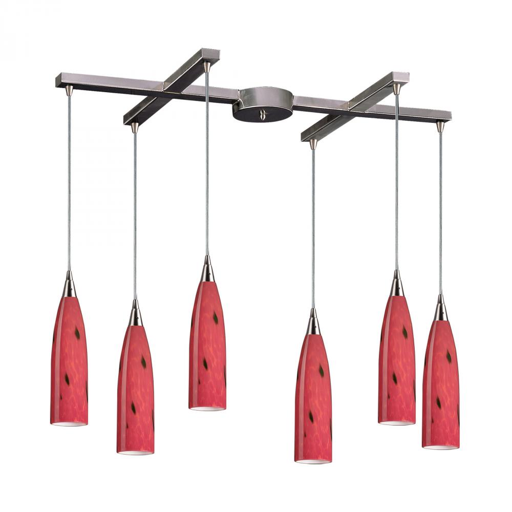 Lungo 6-Light H-Bar Pendant Fixture in Satin Nickel with Fire Red Glass