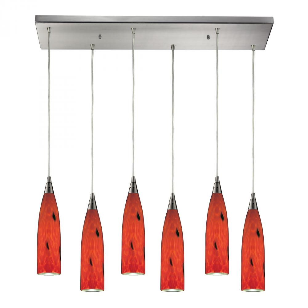 Lungo 6-Light Rectangular Pendant Fixture in Satin Nickel with Fire Red Glass