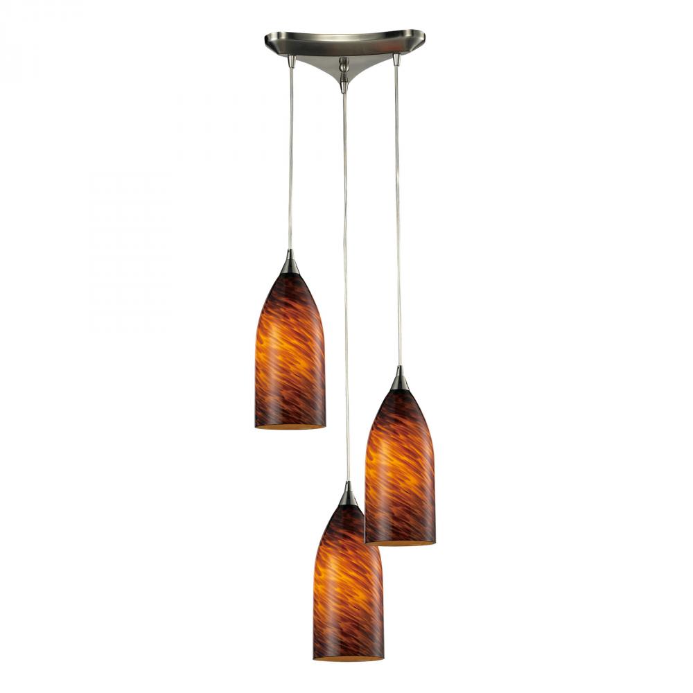 Verona 3-Light Triangular Pendant Fixture in Satin Nickel with Espresso Glass