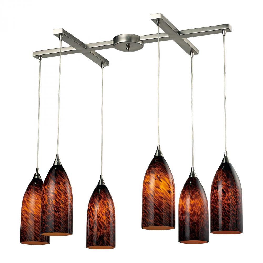 Verona 6-Light H-Bar Pendant Fixture in Satin Nickel with Espresso Glass