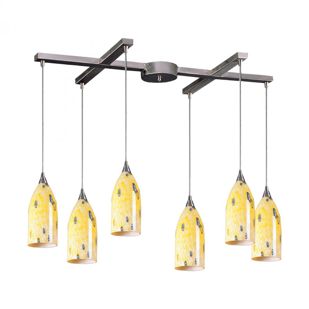 Verona 6 Light Pendant In Satin Nickel And Yello