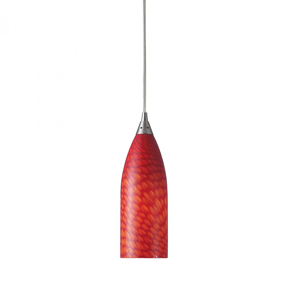 1 Light Pendant in Satin Nickel with Scarlet Red Glass - LED Offering Up To 300 Lumens (25 Watt Equi