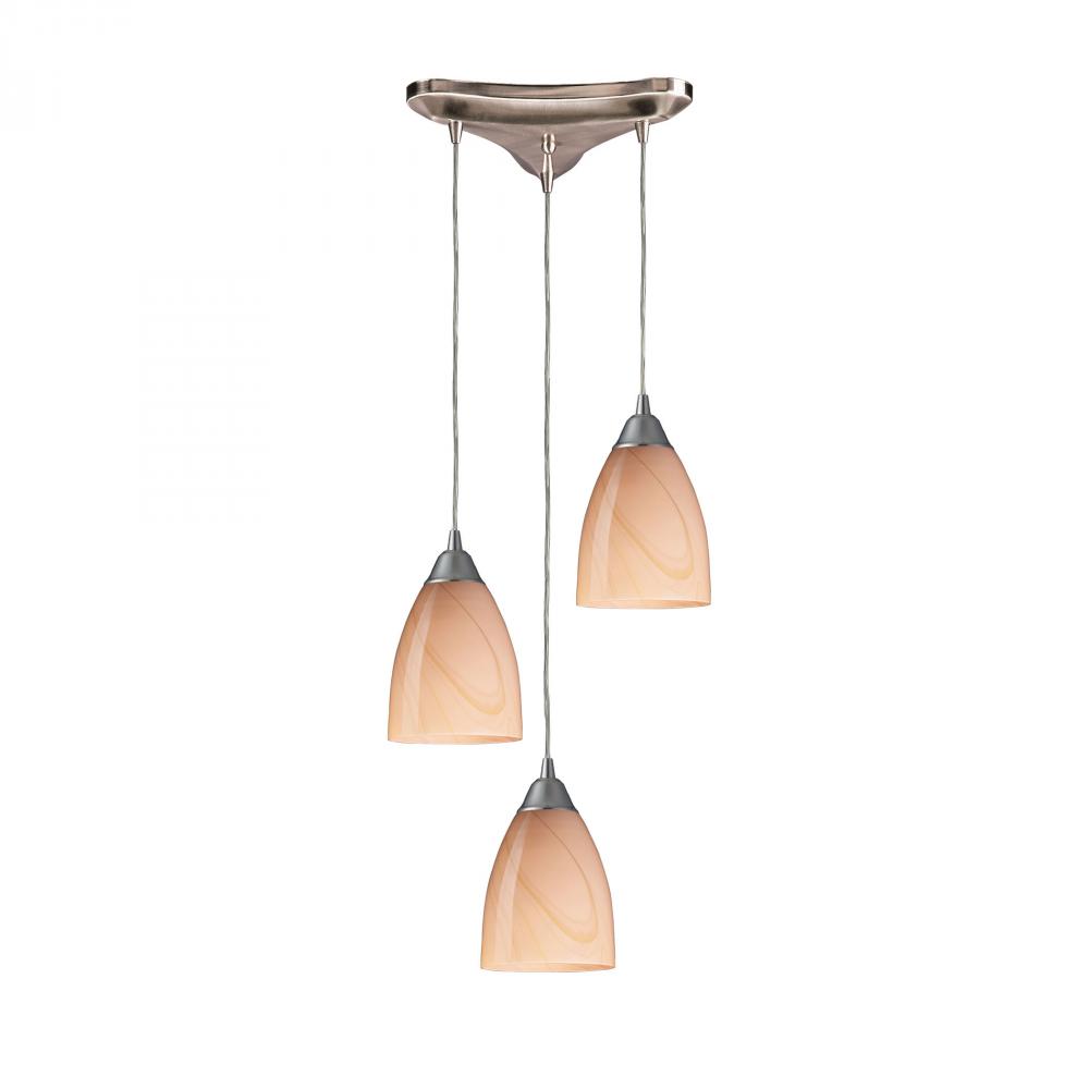 Pierra 3-Light Triangular Pendant Fixture in Satin Nickel with Sandy Glass