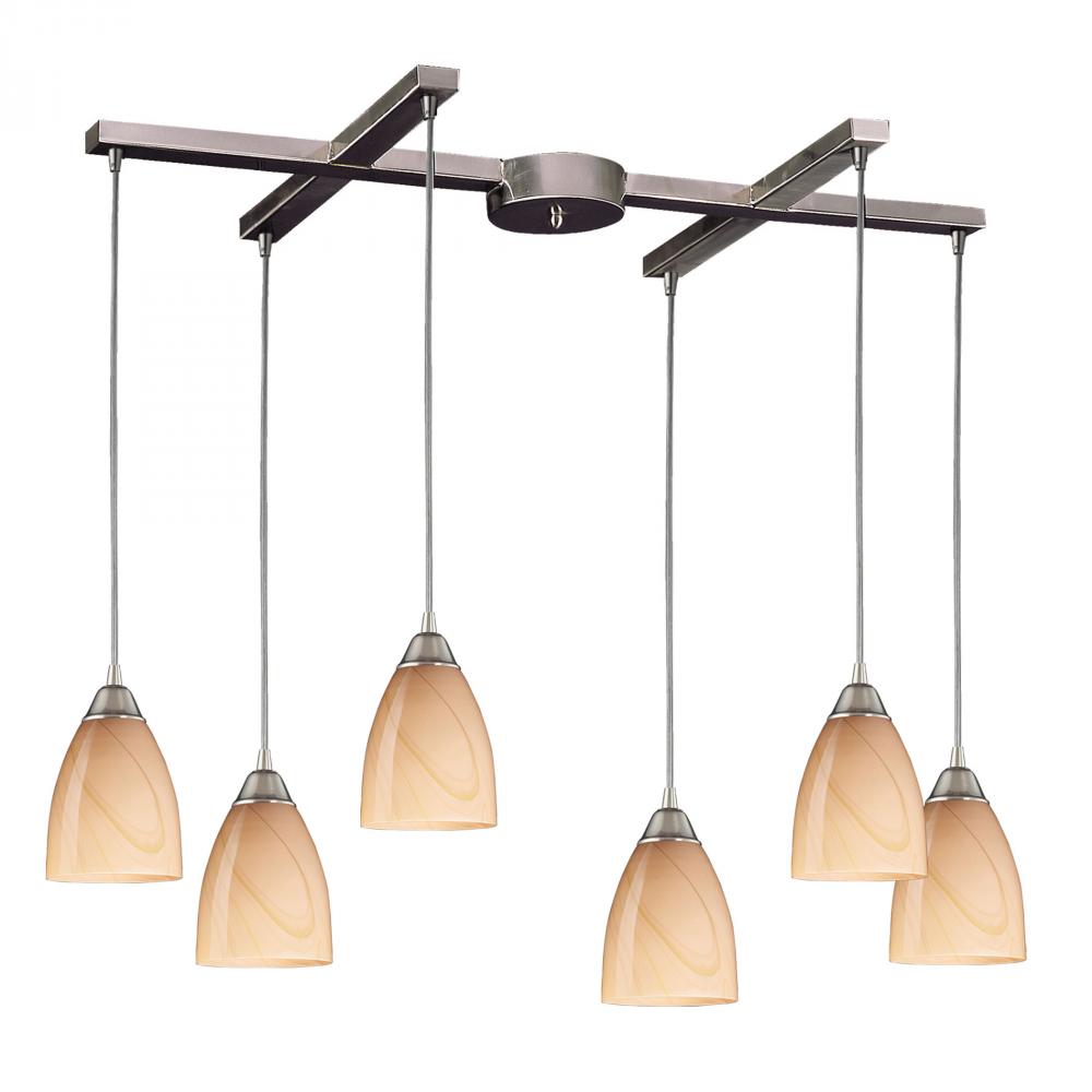 Pierra 6-Light H-Bar Pendant Fixture in Satin Nickel with Sandy Glass