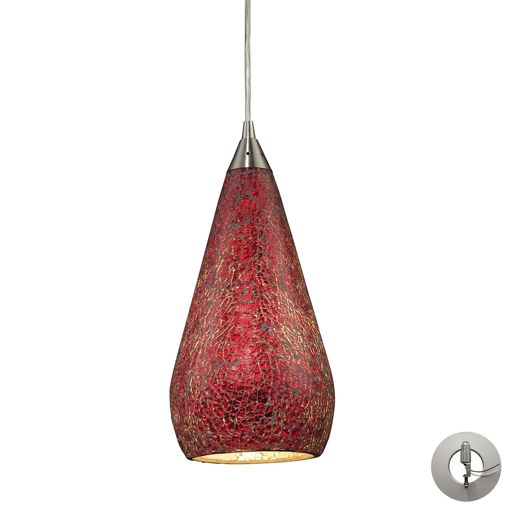 Curvalo 1-Light Mini Pendant in Satin Nickel with Ruby Crackle Glass - Includes Adapter Kit