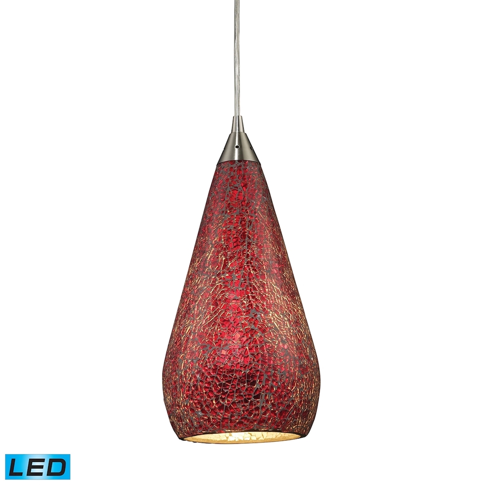 Curvalo 1-Light Mini Pendant in Satin Nickel with Ruby Crackle Glass - Includes LED Bulb