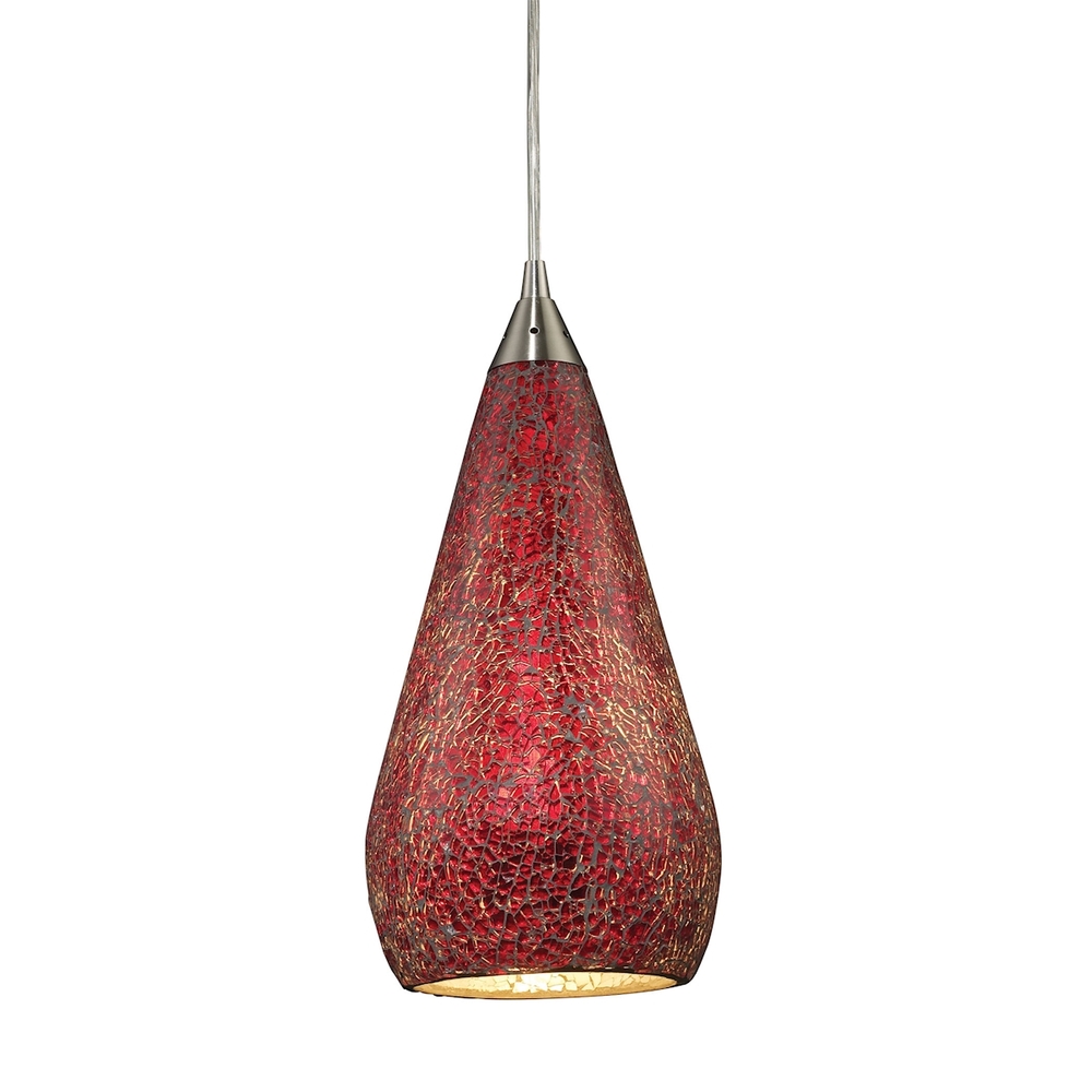 Curvalo 1-Light Mini Pendant in Satin Nickel with Ruby Crackle Glass