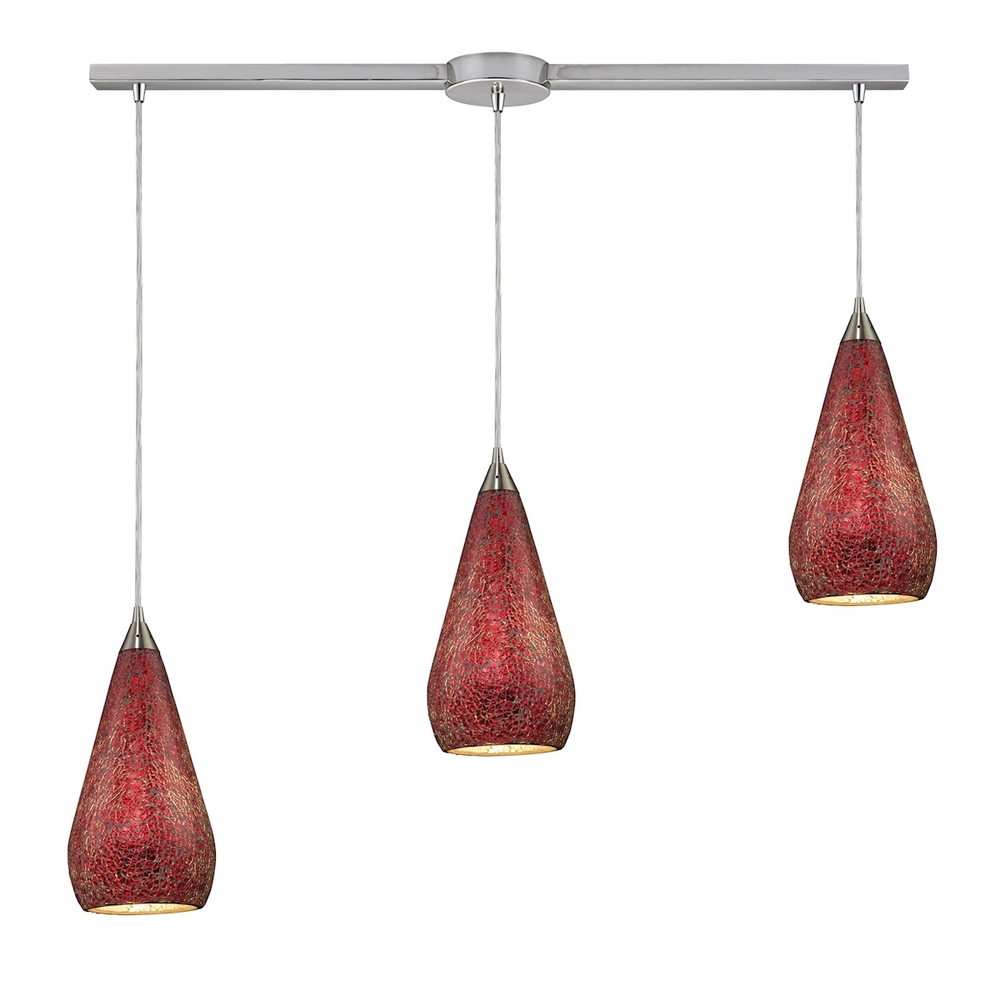 Curvalo 3-Light Linear Pendant Fixture in Satin Nickel with Ruby Crackle Glass