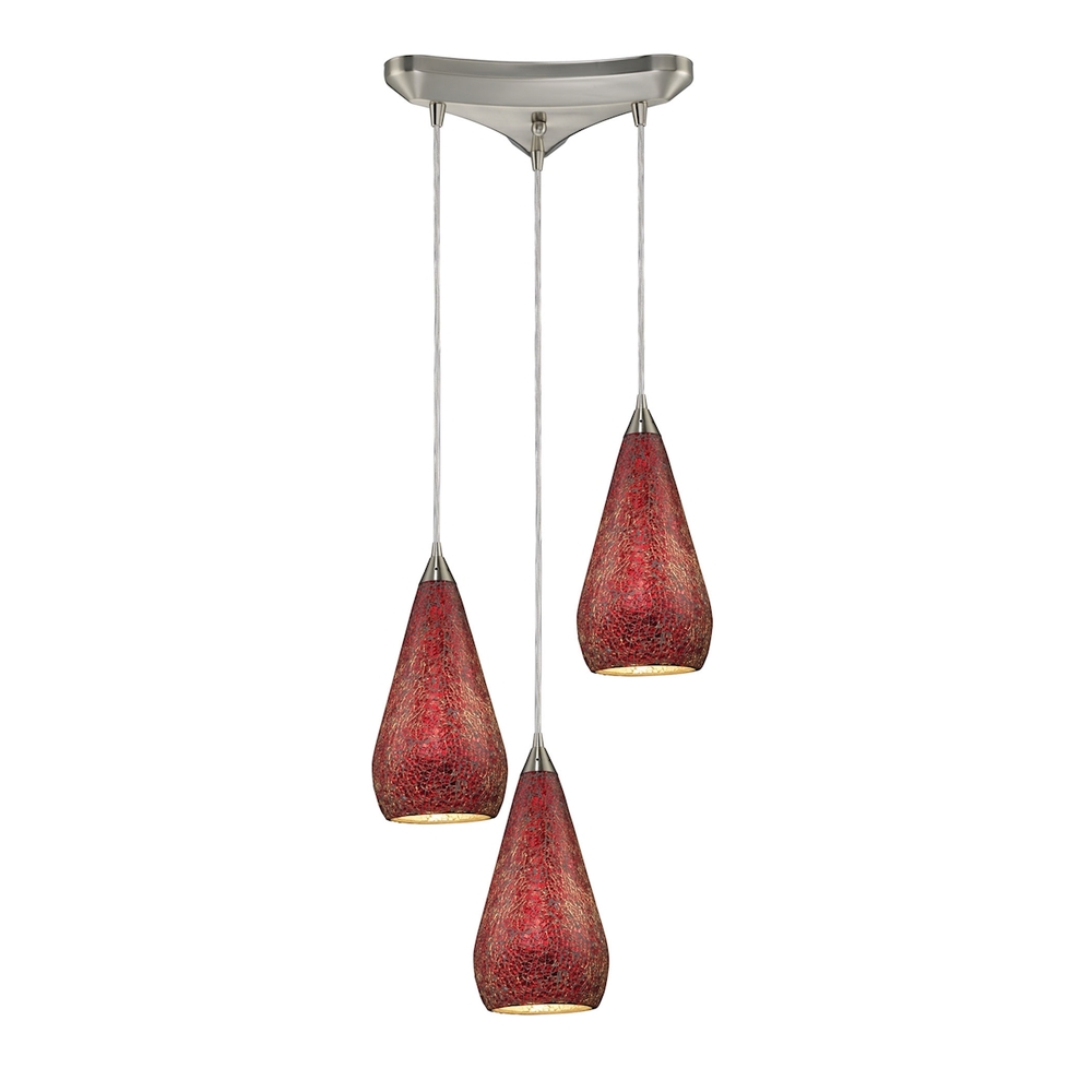 Curvalo 3-Light Triangular Pendant Fixture in Satin Nickel with Ruby Crackle Glass