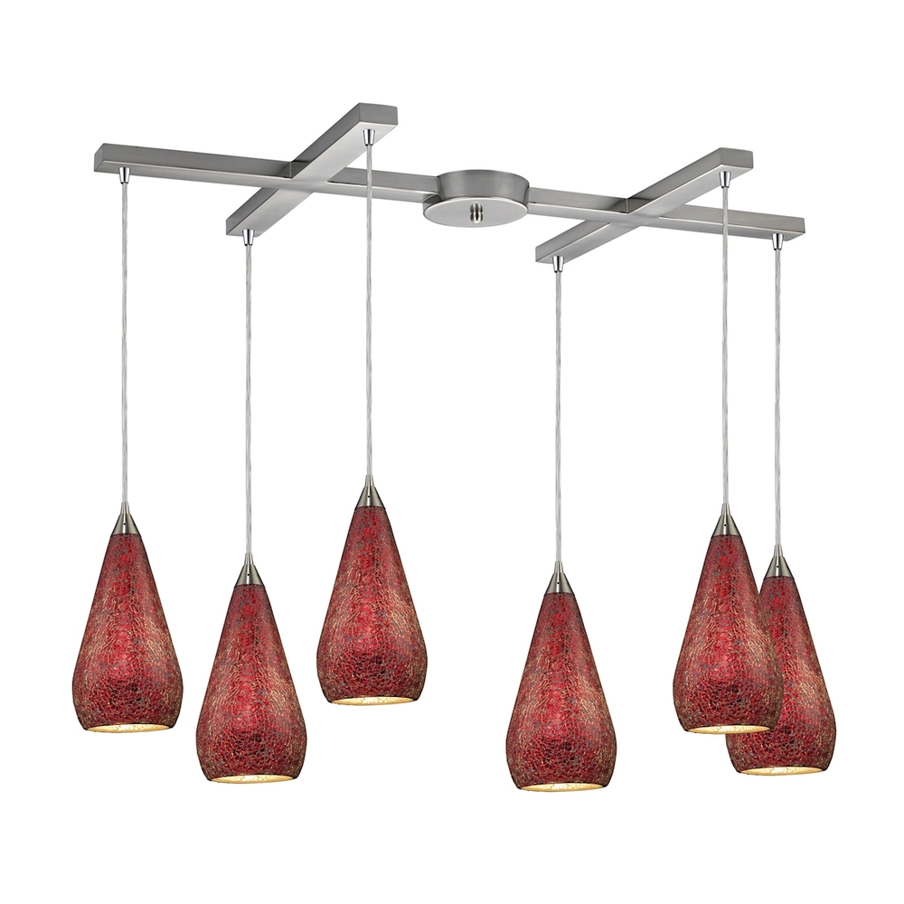 Curvalo 6-Light H-Bar Pendant Fixture in Satin Nickel with Ruby Crackle Glass