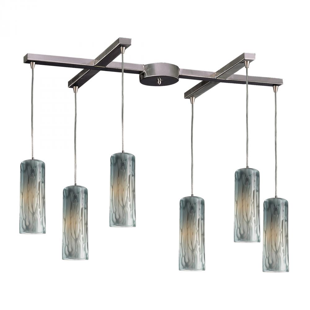 Maple 6 Light Pendant In Satin Nickel And Maple