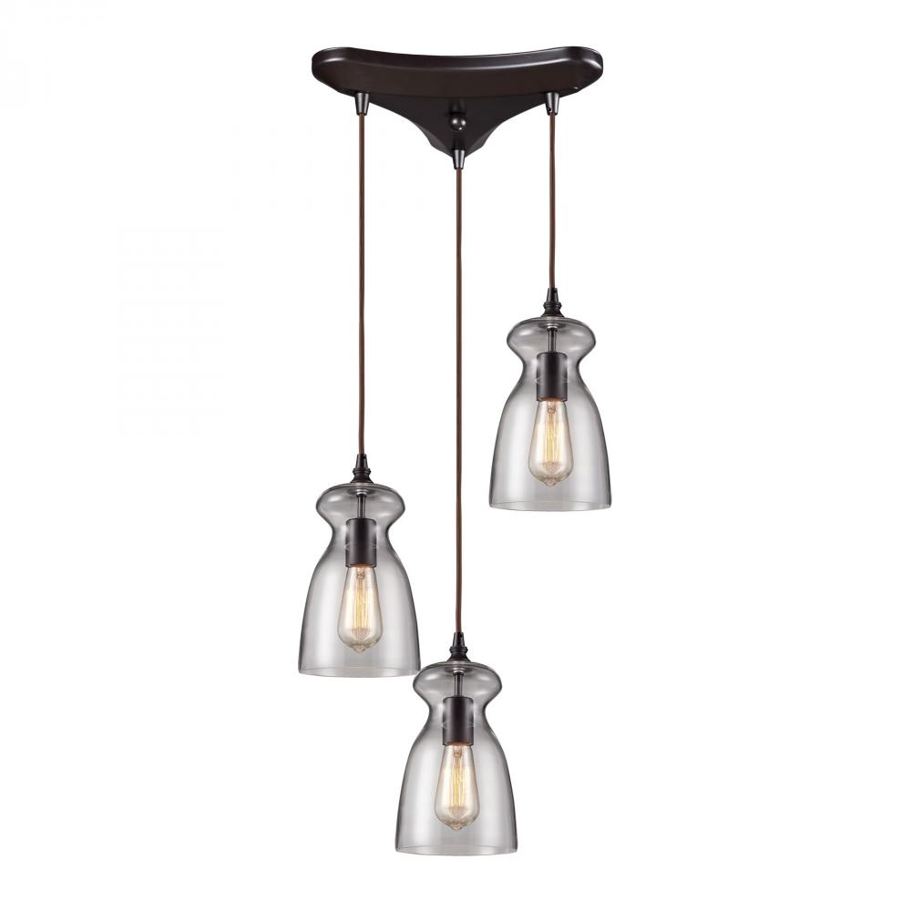 Menlow Park 3-Light Triangular Pendant Fixture in Oiled Bronze with Smoked Glass