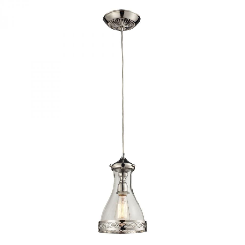 Brookline 1-Light Mini Pendant in Polished Nickel with Metal and Glass Shade