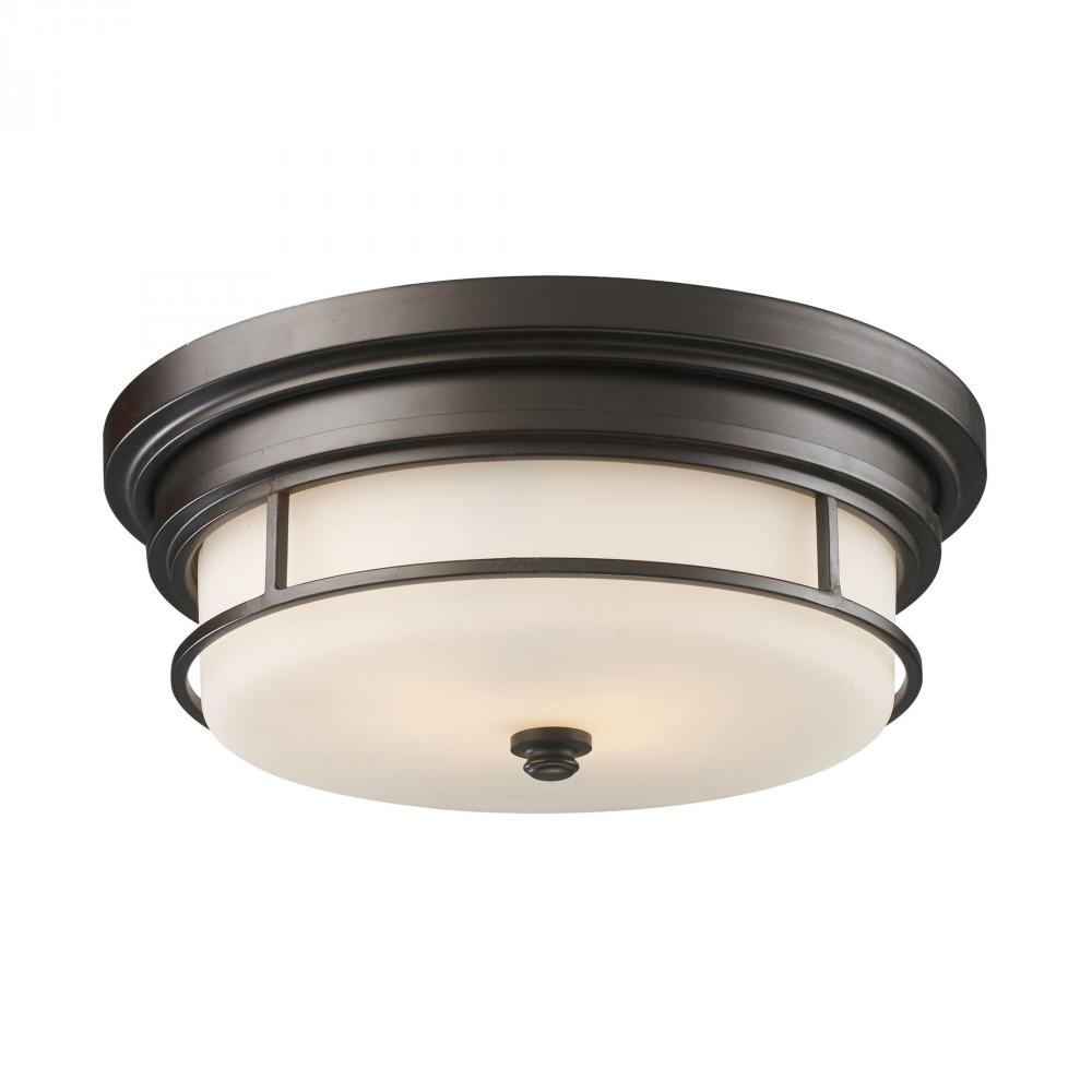 Newfield 2-Light Flush Mount in Oiled Bronze with Opal Etched Blown Glass